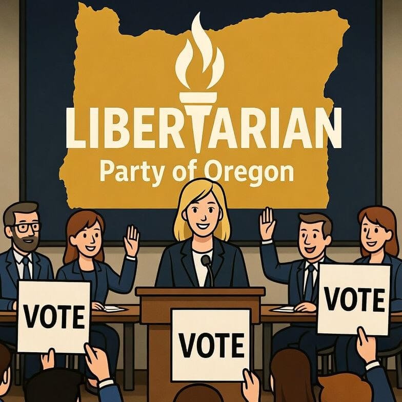 cartoon image of a voting assembly with speaker at podium in front of libertarian party of oregon sign