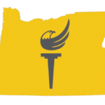 LPO logo gold state of oregon silhouette with a torch icon in the center with a stylized eagle as the flame