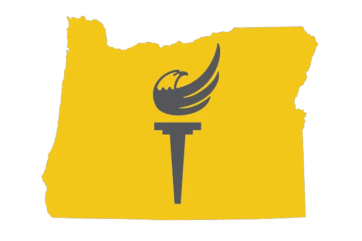 LPO logo gold state of oregon silhouette with a torch icon in the center with a stylized eagle as the flame