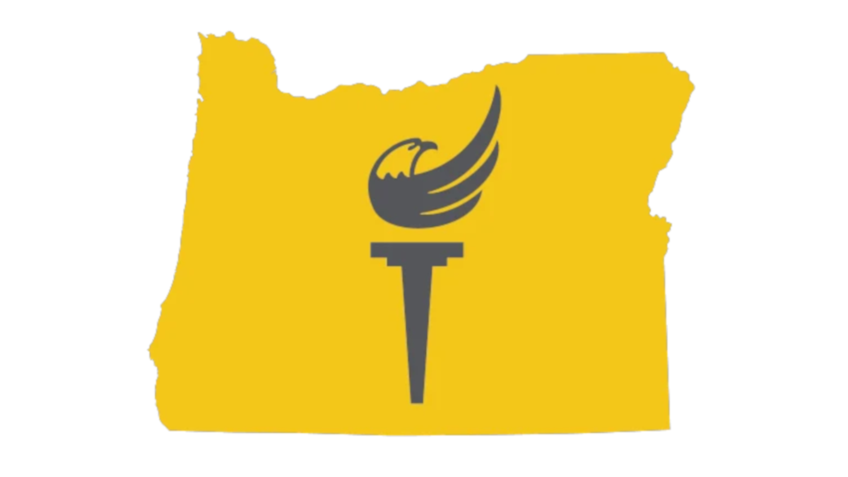 LPO logo gold state of oregon silhouette with a torch icon in the center with a stylized eagle as the flame