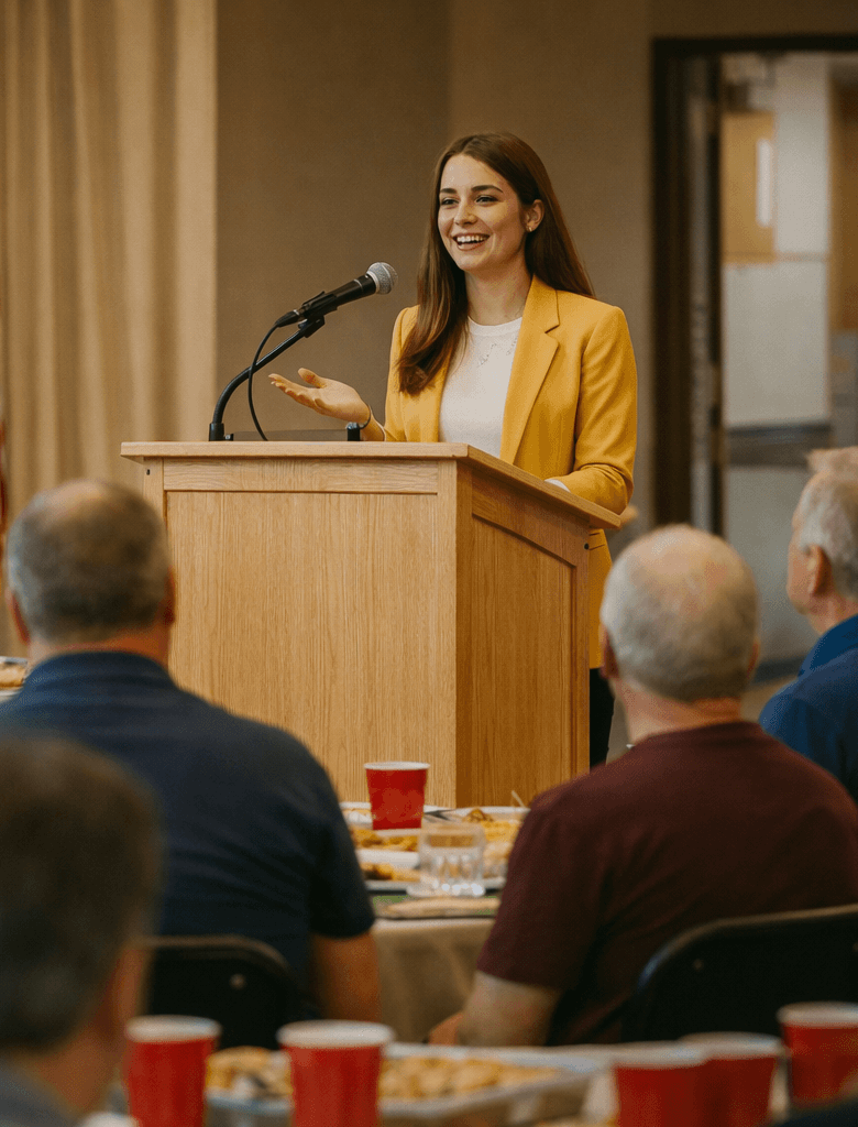 a young woman in a gold jacket speaks at a community dinner